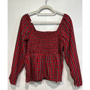 Old Navy Plaid Blouse Womens‎ XL Red Tartan Peplum Smocked Square Neck Cottage